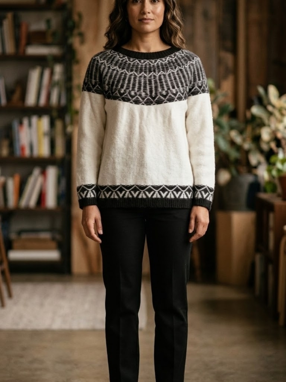 Talbots Cream and Black Nordic Yoke Crewneck Sweater